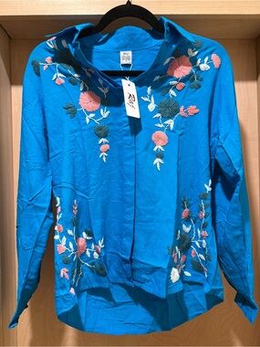 Raj Embroidered Teal Blue Floral Button-Up Blouse Size Small New